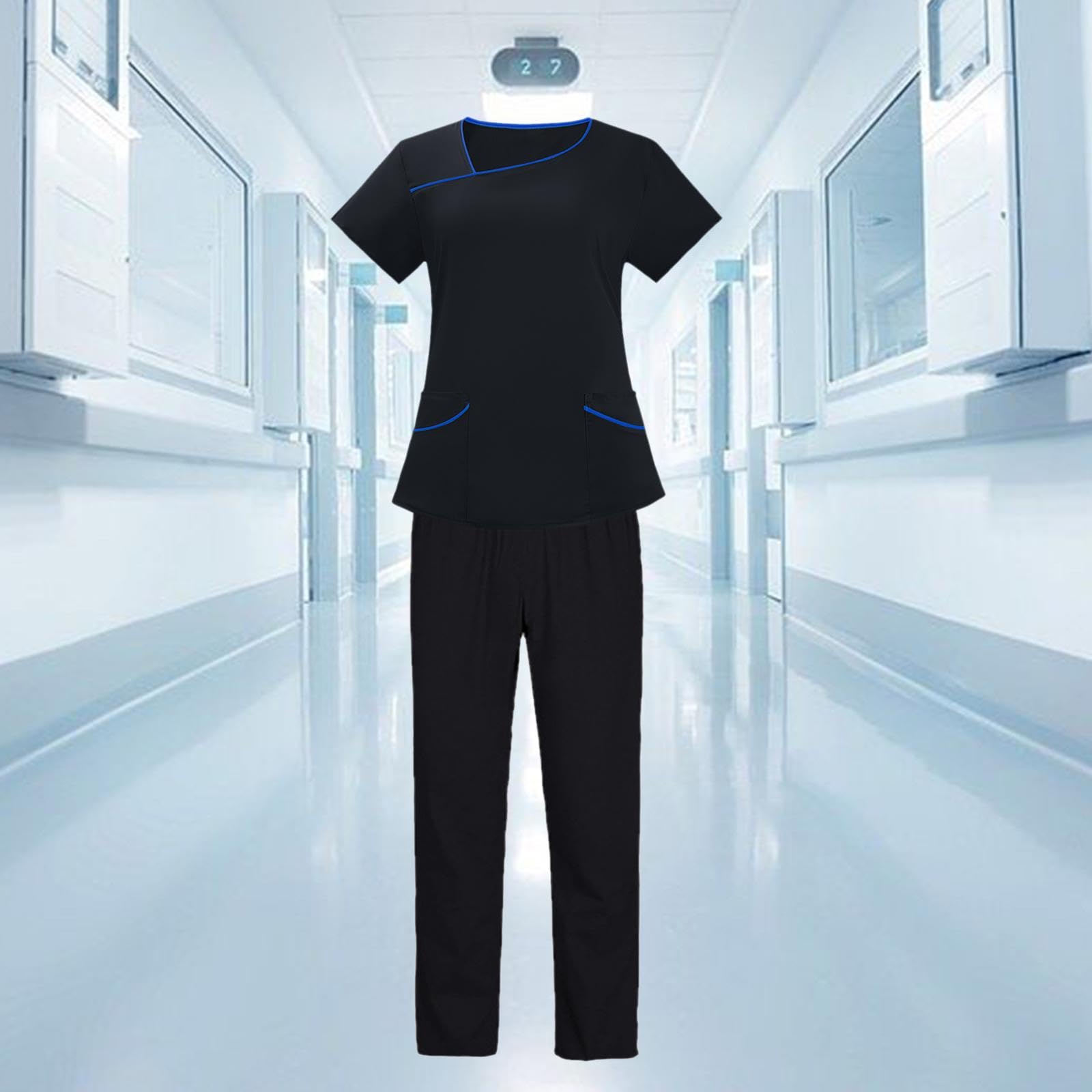predolo Conjunto de Uniforme Médico para Mujer, Traje de Enfermera Cómodo Y, Ropa de Trabajo Elegante, Pantalón de Uniforme Médico para Mujer, XL Negro