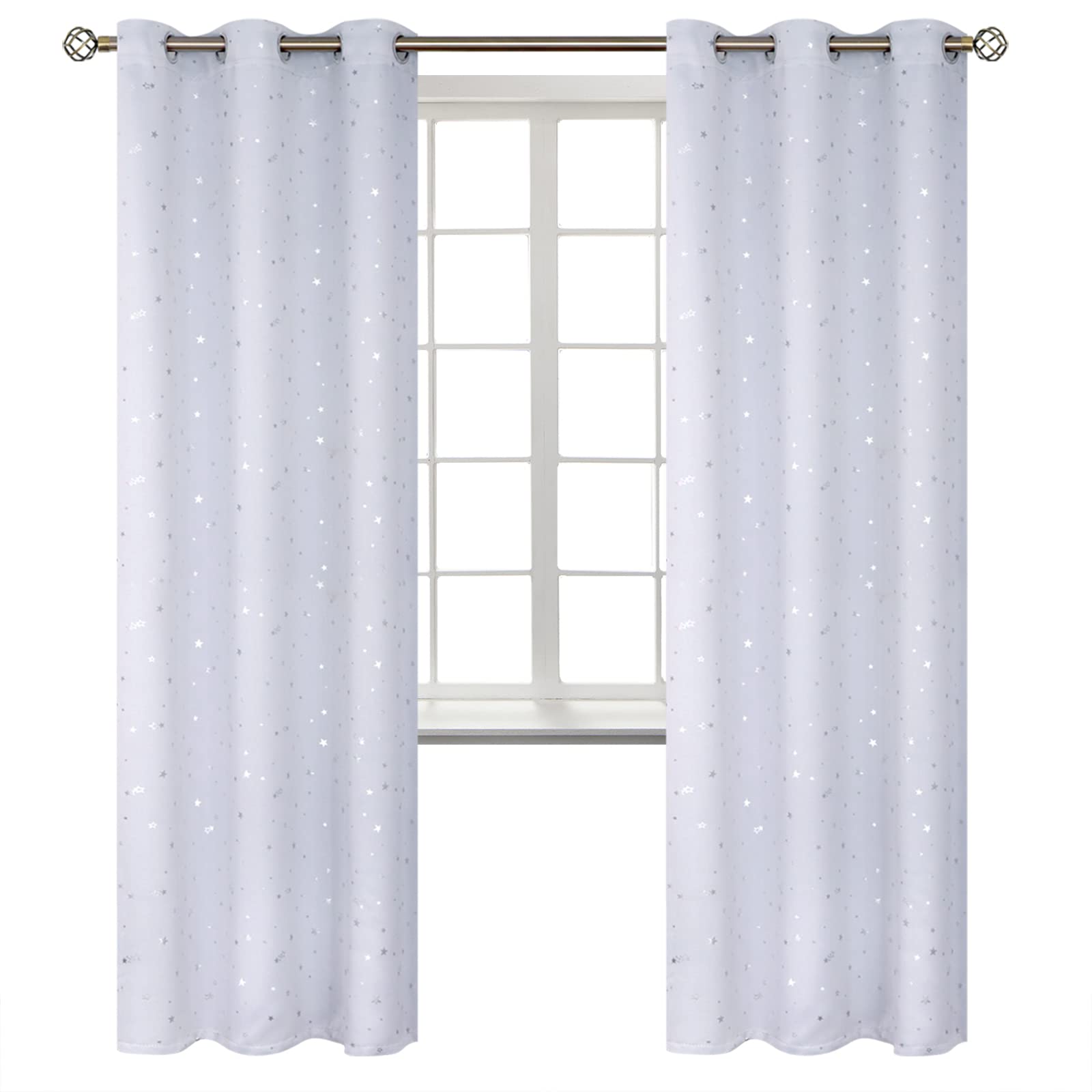 BGment Kids Room Darkening Curtains for Bedroom - Greyish White 2 Panels | 42x84 Inch, Silver Star Printed, Grommet top, for Play Room, Sunblock, Thermal Insulated, Window Drapes