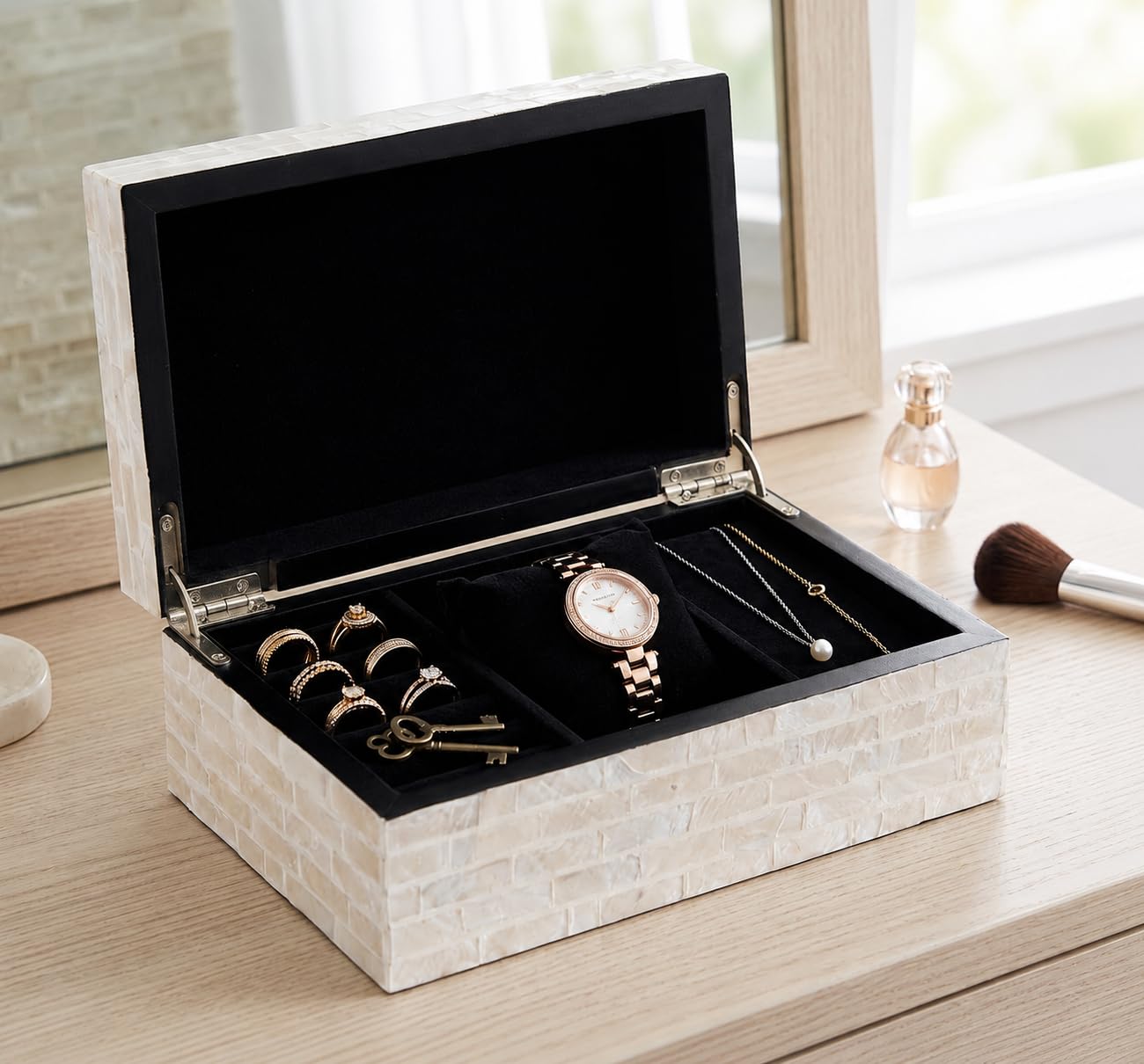 PEMAR Cajas de joyería con incrustaciones de nácar con tapas, cofre del tesoro rectangular, caja de almacenamiento decorativa de madera para bolsas de té, café, suministros de oficina, joyas,