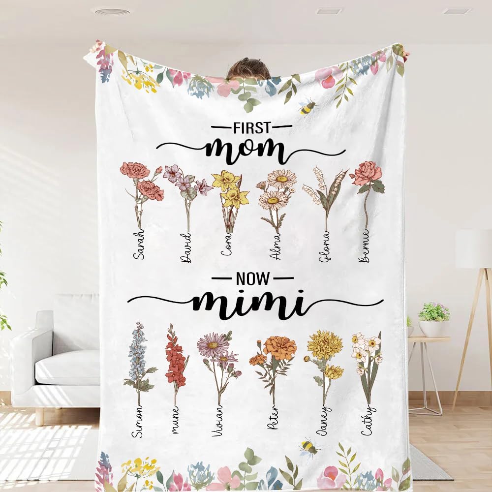First Mom Now Mimi Manta de Flores de Nacimiento – Regalo Personalizado para Mamá y Abuela – Estilo Personalizado Bl2