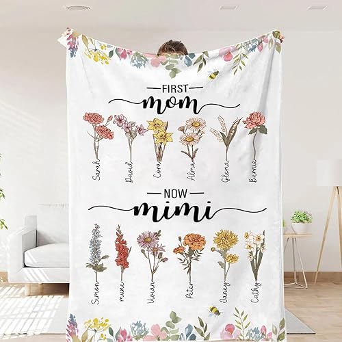 First Mom Now Mimi Manta de Flores de Nacimiento - Regalo Personalizado para Mamá y Abuela - Estilo Personalizado Bl2