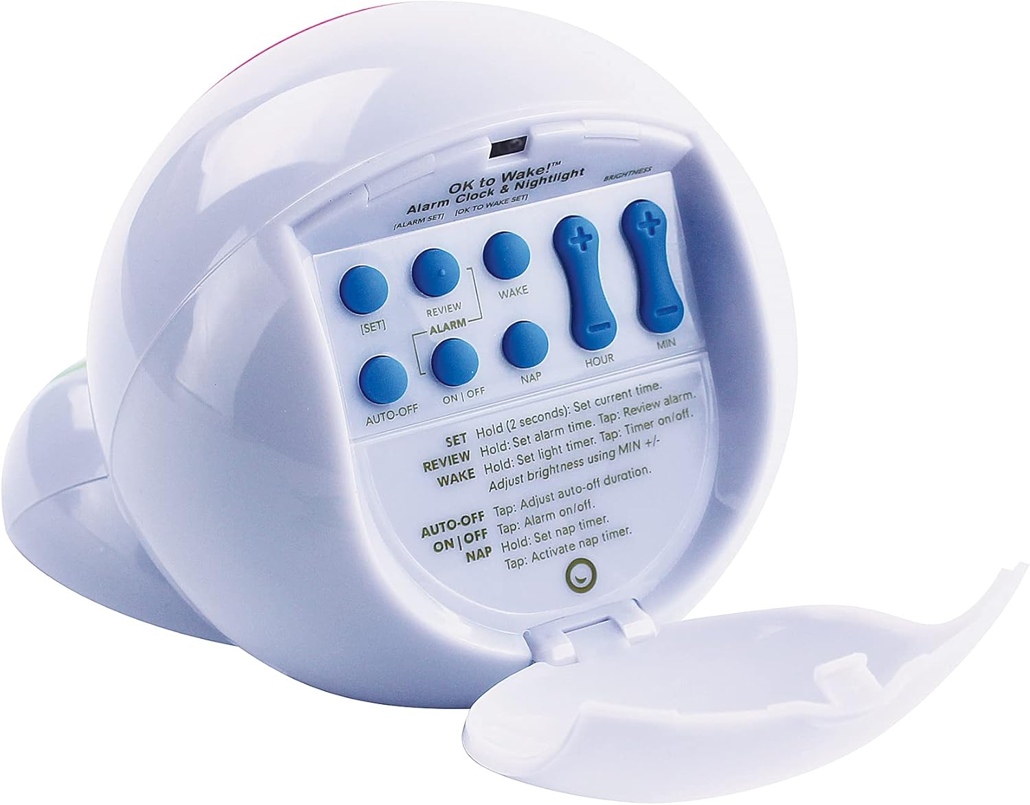 Back of the OK to Wake! Alarm Clock showing control buttons