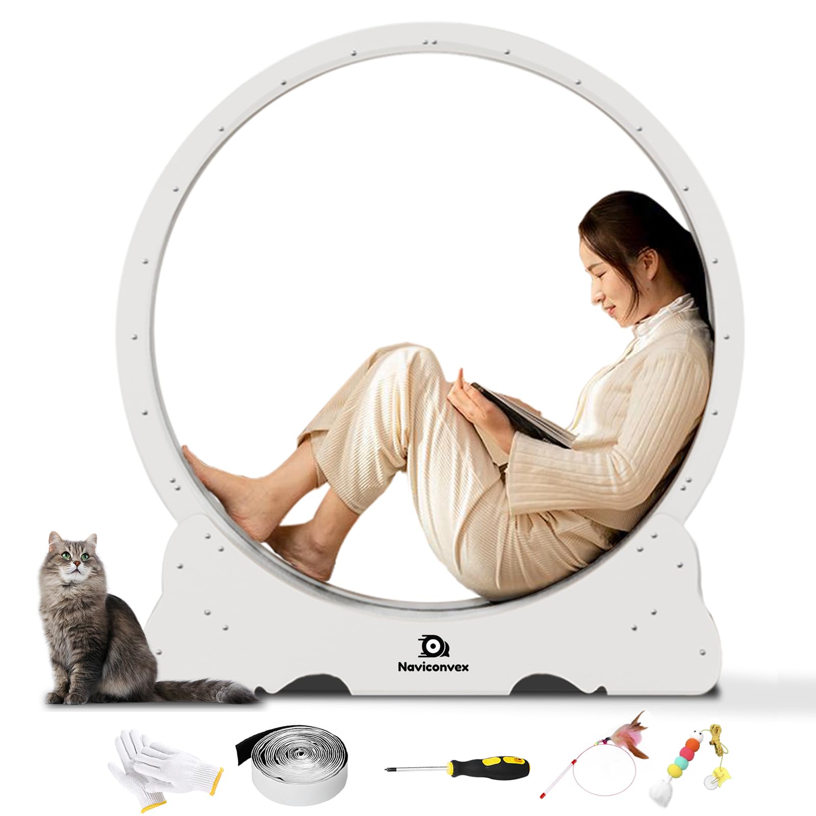 Naviconvex Katzenlaufrad XL Durchmesser 113cm Groß laufrad Katze Super Leise Katzen Laufrad mit abnehmbarem Teppich und Katzenangel zum Laufen/Gehen/Trainierenfür, geeignet die meisten Katzen