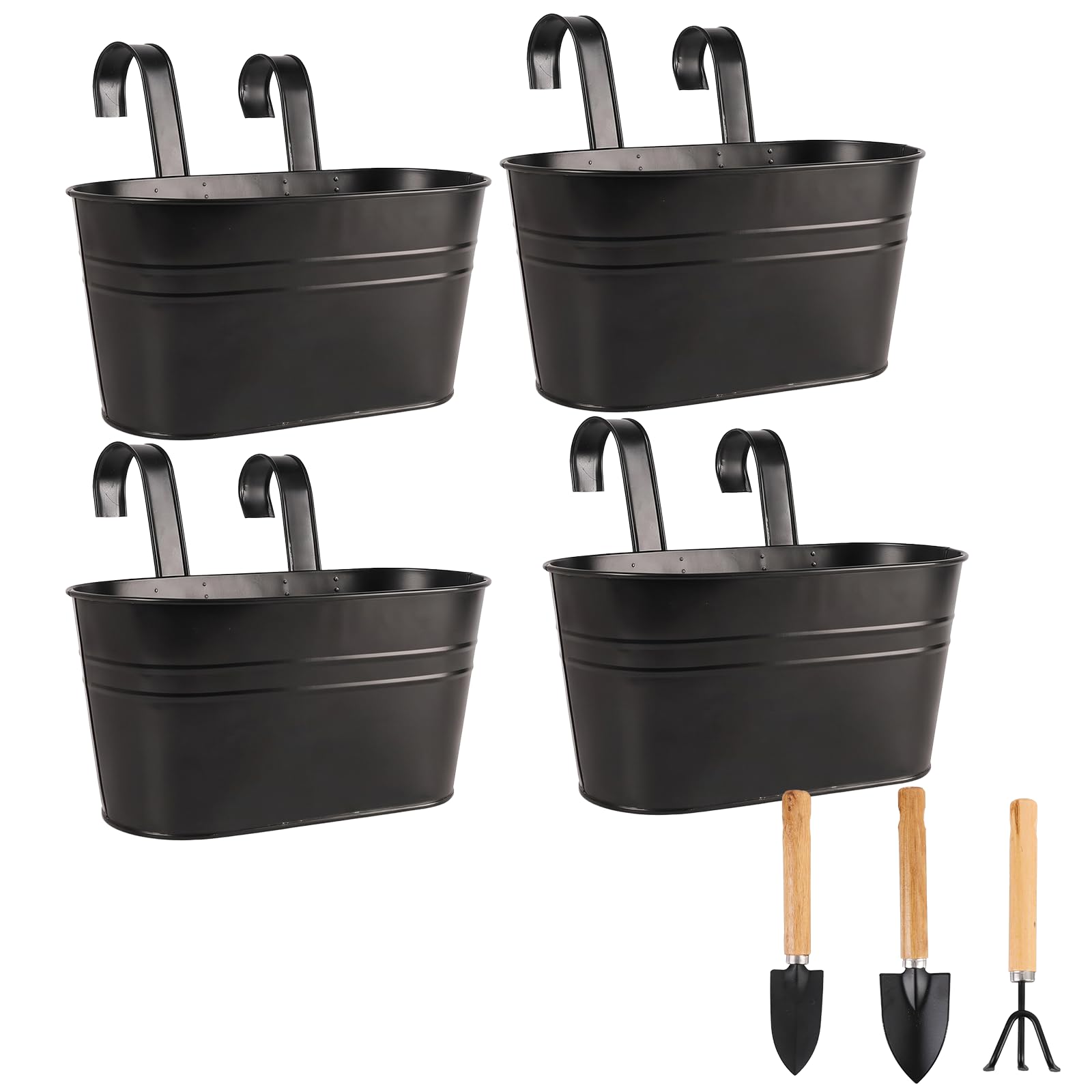 Hanging Flower Pots 4 Pack Black Iron Railing Planters With Garden Tools