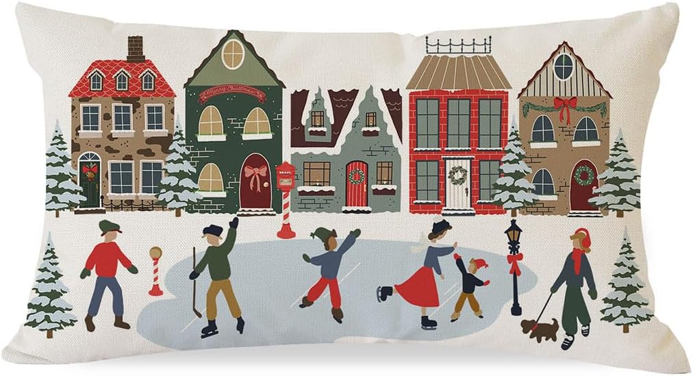 Winter Holiday Throw Pillow Cover 12x20 Village House Ice Skating