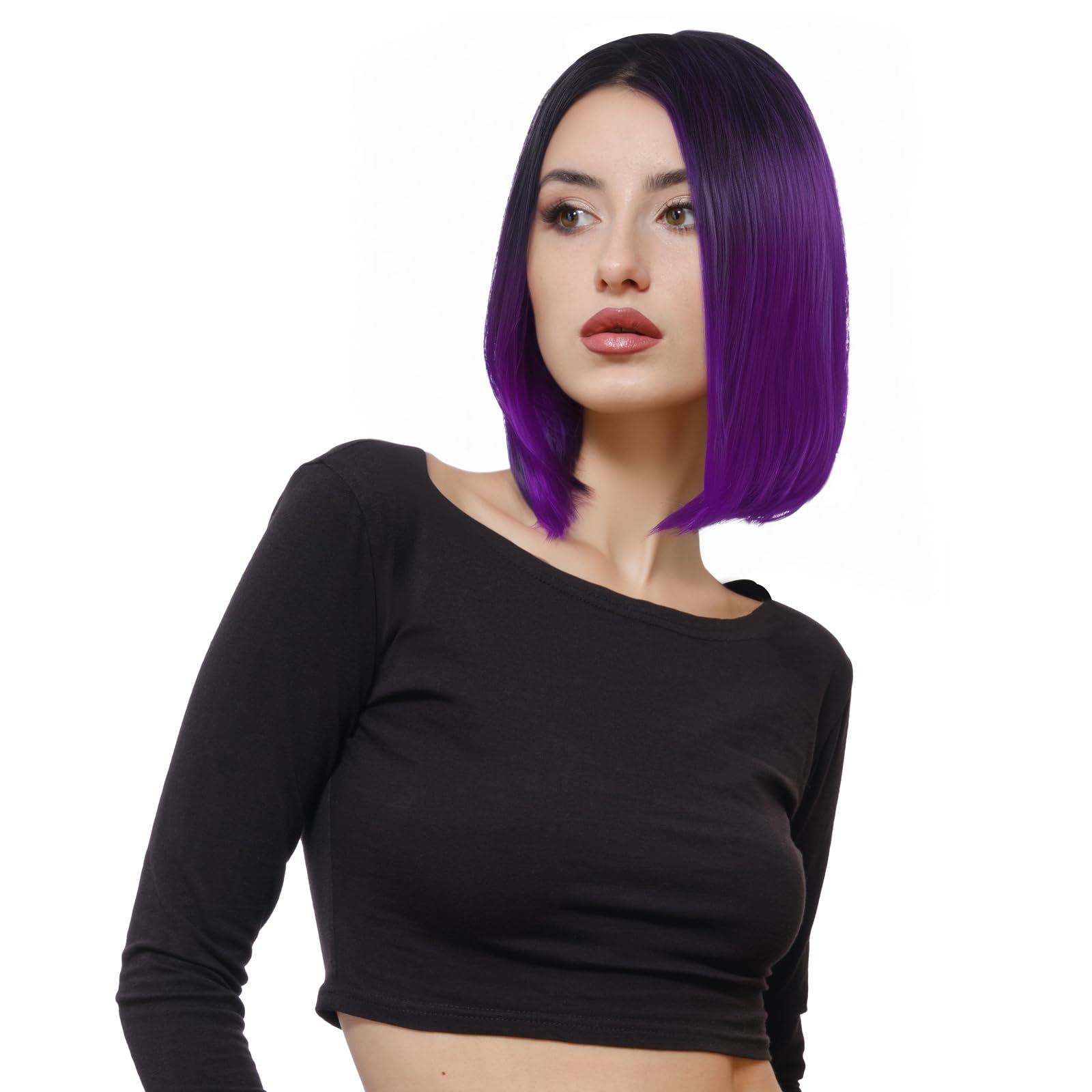 Lurrose Parrucche sintetiche colorate corte ad alta temperatura da donna in pizzo sfumato dritto Bob Cosplay parrucca capelli umani Cap viola