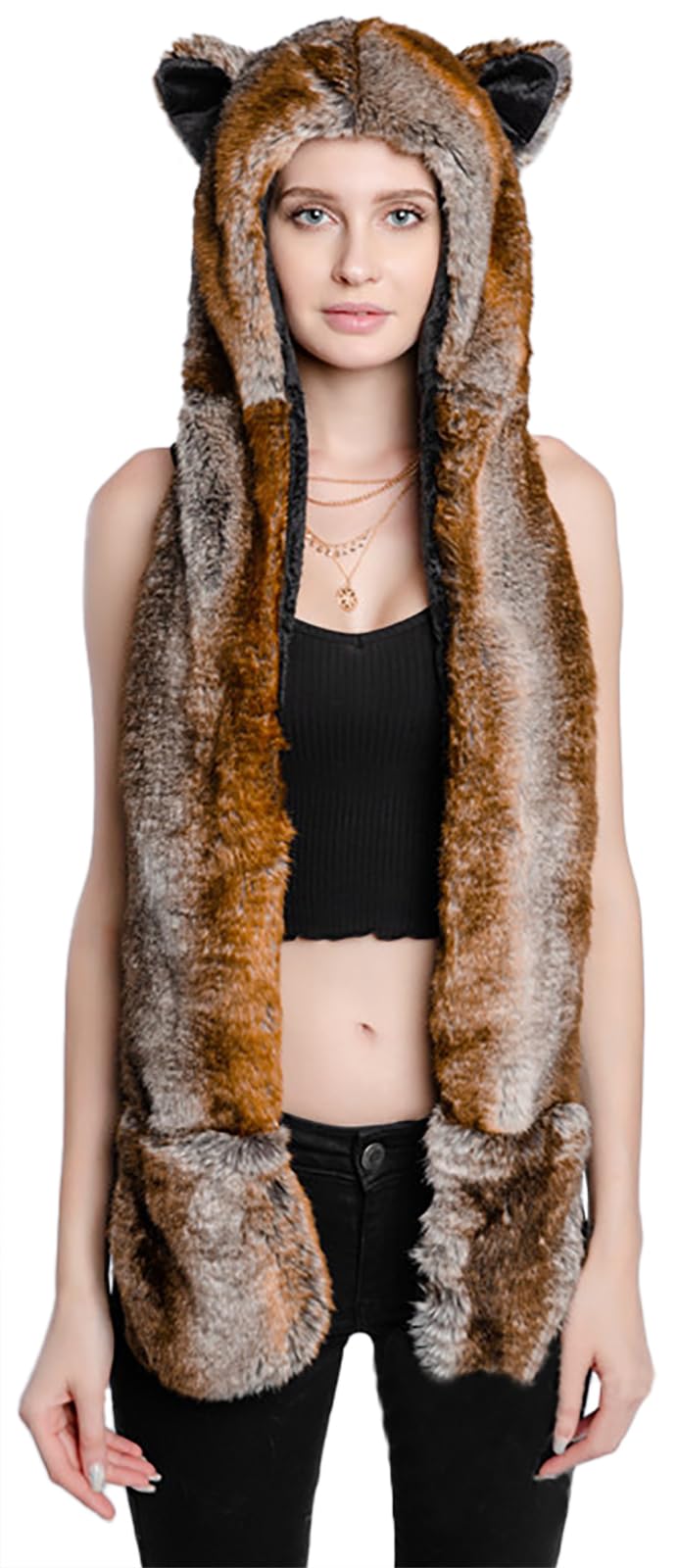 Malaxlx Damen Herren Winter Kunstpelz Flauschig Pelzigen Tier Kapuze Mütze mit Ohren Schal Pfoten Prints Tasche Handschuhe 3 in 1 Combo