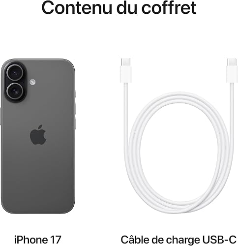 Apple iPhone 17 256 Go : Écran 6,3 pouces avec ProMotion, Puce A19, Caméra avant Center Stage, Meilleure résistance aux rayures, Autonomie d’une journée ; Noir - 6