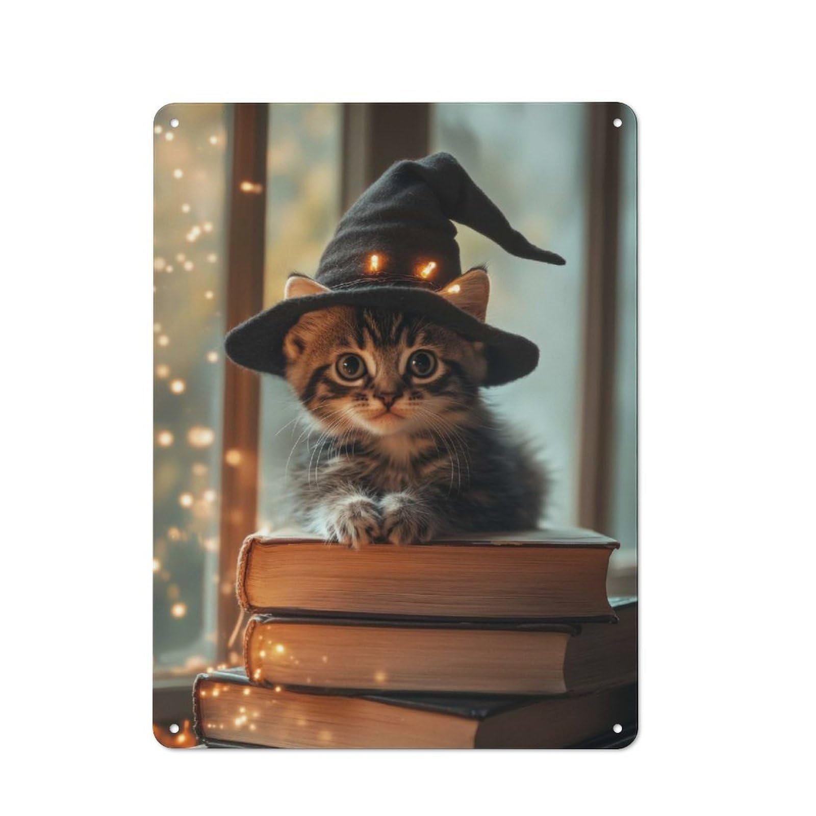 Junmoney Kitten Witch On Books Decorative Metal Wall Decor 40X30cm, Vintage Metal Sign For Hallway, Home Bar, Garage Or Study