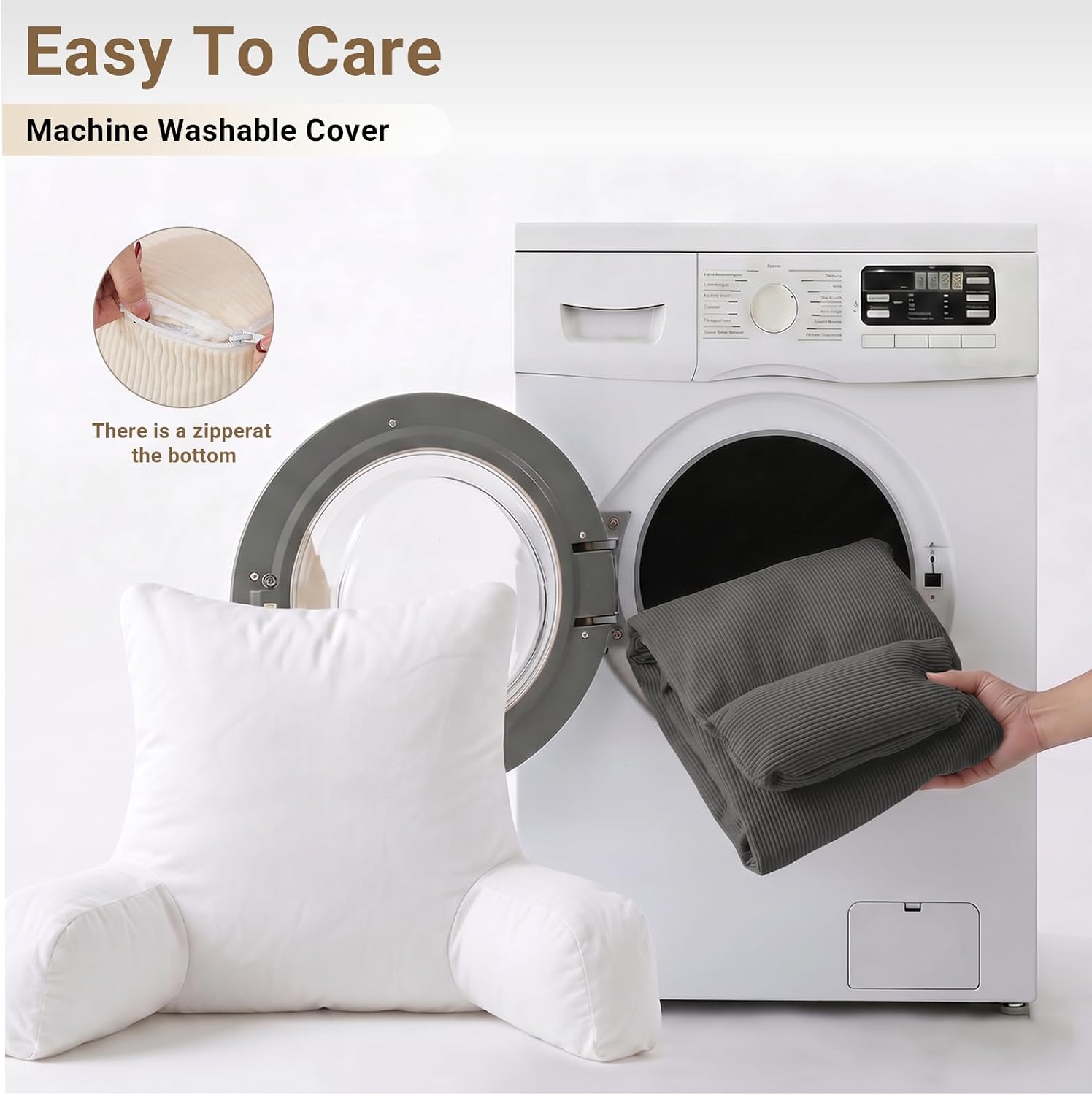 Reading Pillow for Bed with Detachable Neck Roll and Shredded Memory Foam, Back Pillow with Arms for Sitting Up, Washable Bed Rest Pillow with Side Pocket for Gaming, Sofa, Dorm - Light Gray