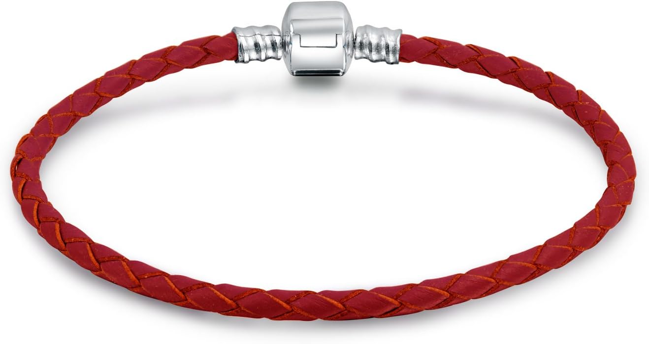 Bling Jewelry Intertwine Infinity Clover Symbol Genuine Blue Brown Purple Pink White Leather Bracelet For Bead Charms .925 Sterling Silver Round Barrel Clasp 7-9 Inch