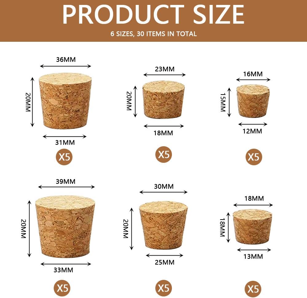 Natural Cork Stoppers for Bottles, 30 Pcs 6 Sizes