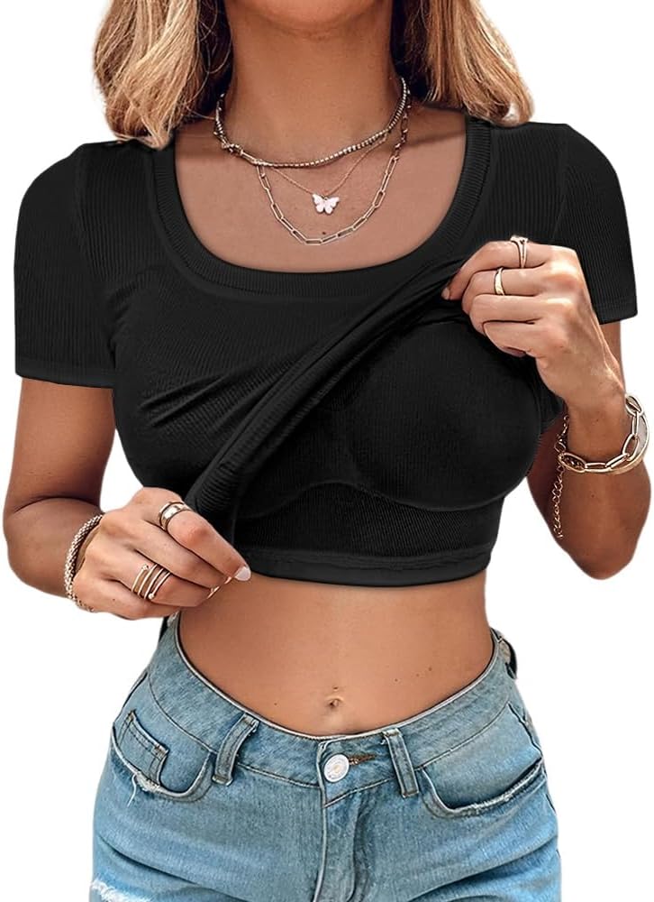 CHICME Women Built-in Bra T Shirt Top Short Sleeve Square Neck Basic Tees Casual Ribbed Knit Fitted Going Out Tops