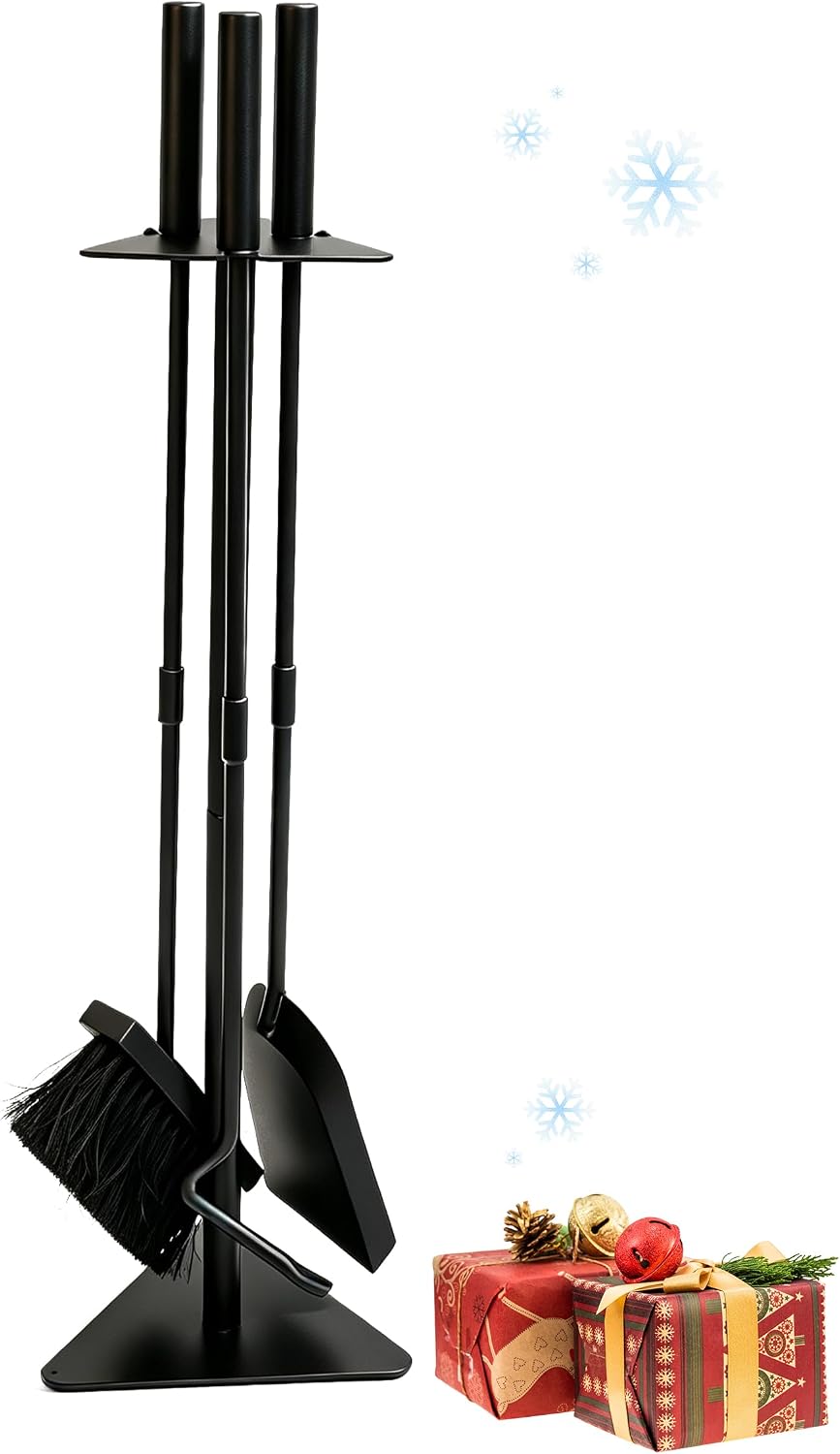 VODA Small 25.5 Inch Indoor Fireplace Tool Set 4 Pcs Fireplace Tools with Complete Fireplace Accessories, Fireplace Poker, Shovel, Broom, Fireplace Tools Stand