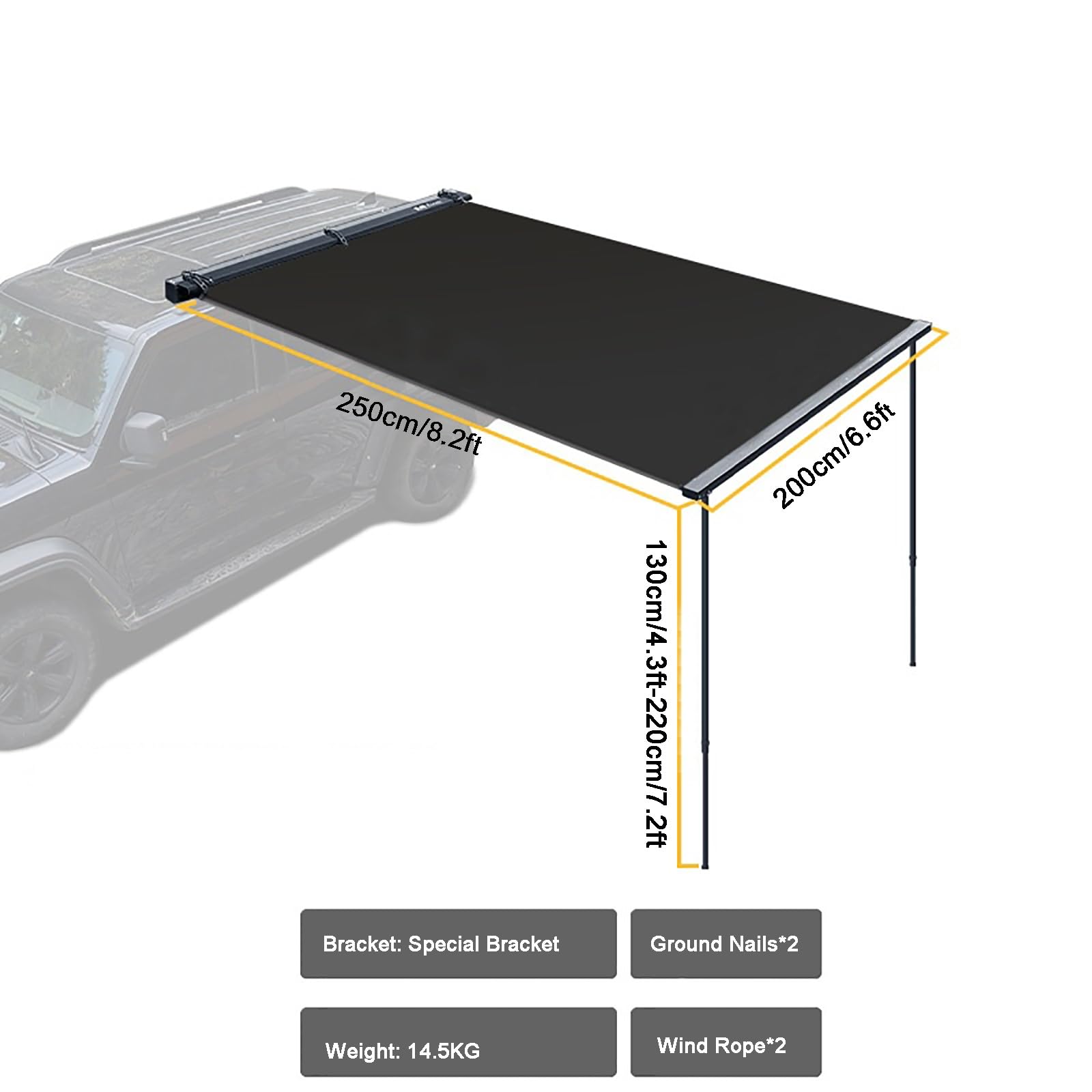 Tendalino Auto, Tendalino Camper con Protezione UV50+, Laterale Tenda Auto per 4x4 e Campeggio con Accessori Regolabili, Montaggio Rapido(200x250cm/6.6x8.2ft)