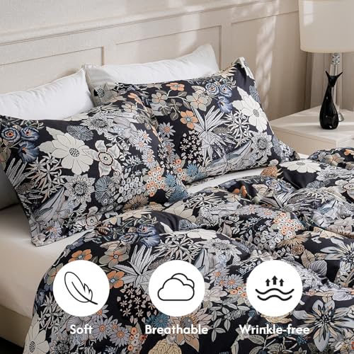 LONAVA Queen Flower 3 Pcs Duvet Cover Set, Breathable Soft Microfiber Black Lining Comforter Cover with Zipper Closure, and 2 Anti-Pilling, Fade Resistant Pillowcases, Midnight Blossoms