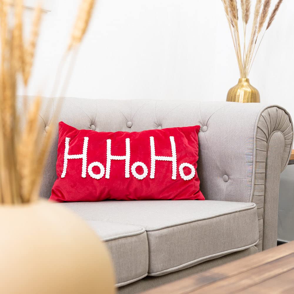 Cojín de Terciopelo con Texto en Relieve HO Fundas de Cojín Decorativo Fundas de Almohada de Navidad, Accesorios Decoración de Navidad para el hogar, sofá Cama, Rojo, 50 x 30 cm