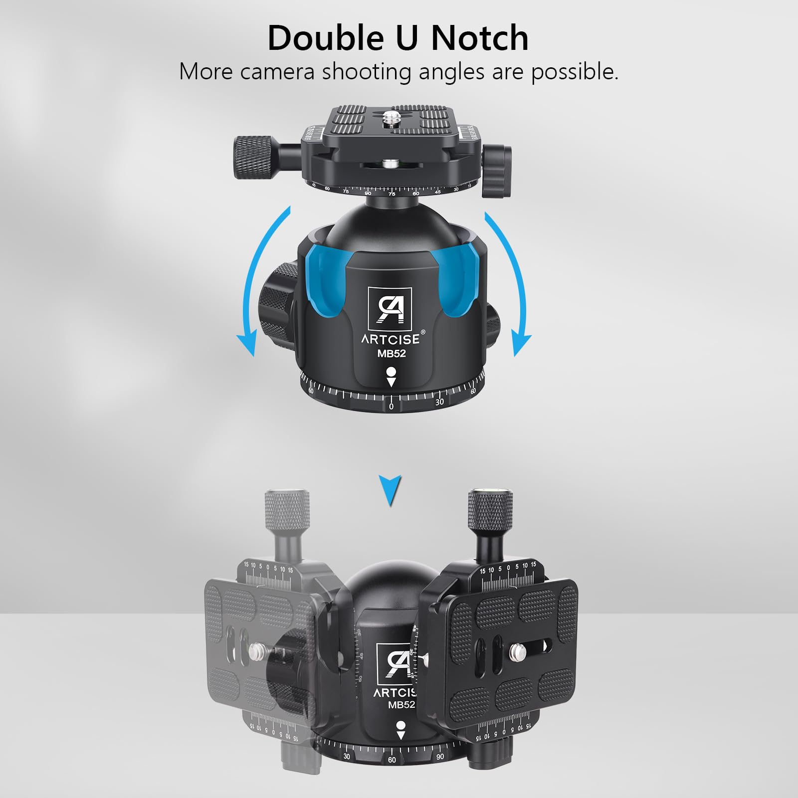 ARTCISE Testa a sfera a basso profilo, MB52B Testa per treppiede da 52 mm con 2 pezzi da 1/4" Arca Swiss Piastra a sgancio rapido per treppiede, monopiede, fotocamere, DSLR, carico massimo 30 kg