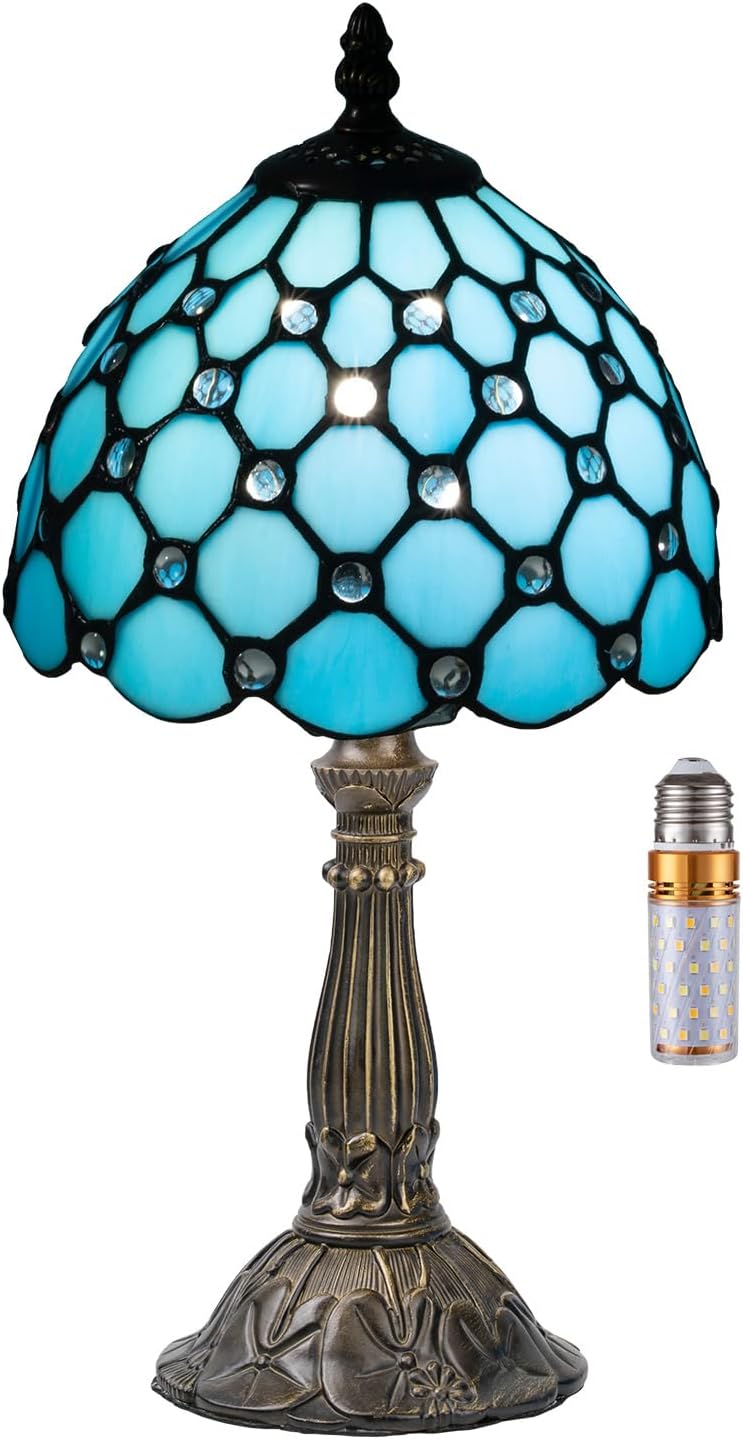 Tiffany Table Lamp,3 Color-Temperature Mediterranean Series Stained Glass Lamp,8 Inch Tiffany Style Lamp for Bedroom Living Room Home, Handcrafted Light, Included Bulb (Blue)