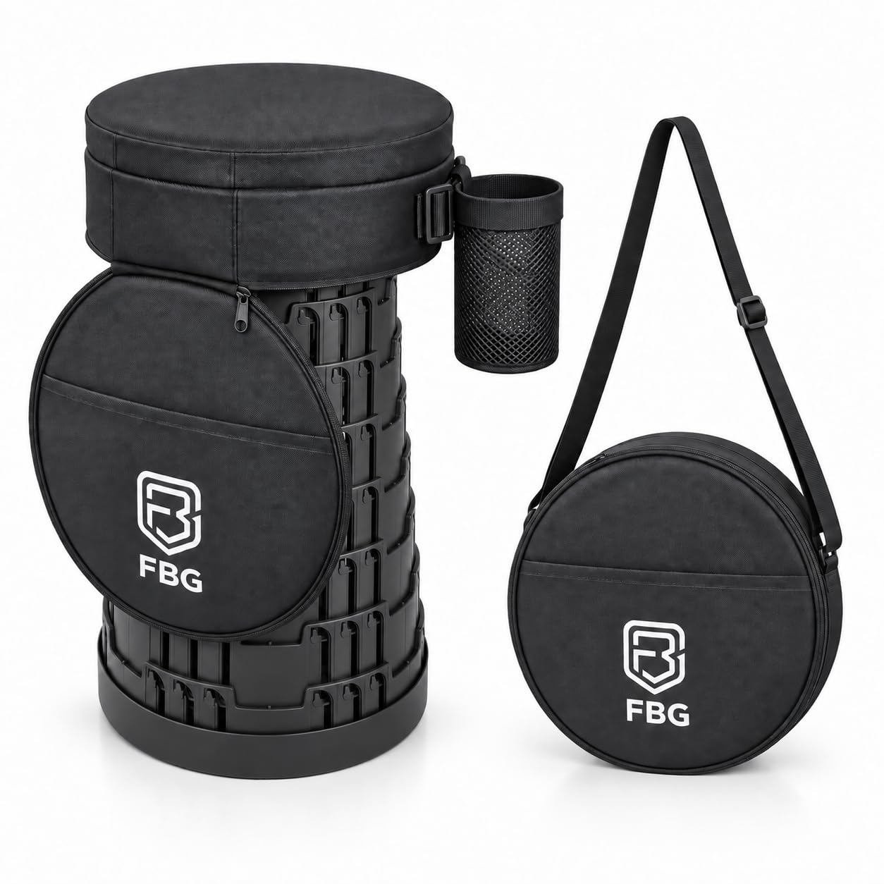 FBG Telescopic Folding Stool Retractable Collapsible Seat - Black | 250kg / 550lbs Load Capacity, Padded Carry Bag & Cup Holder, Adjustable Lightweight Design | Camping, Festival, Garden, Hiking
