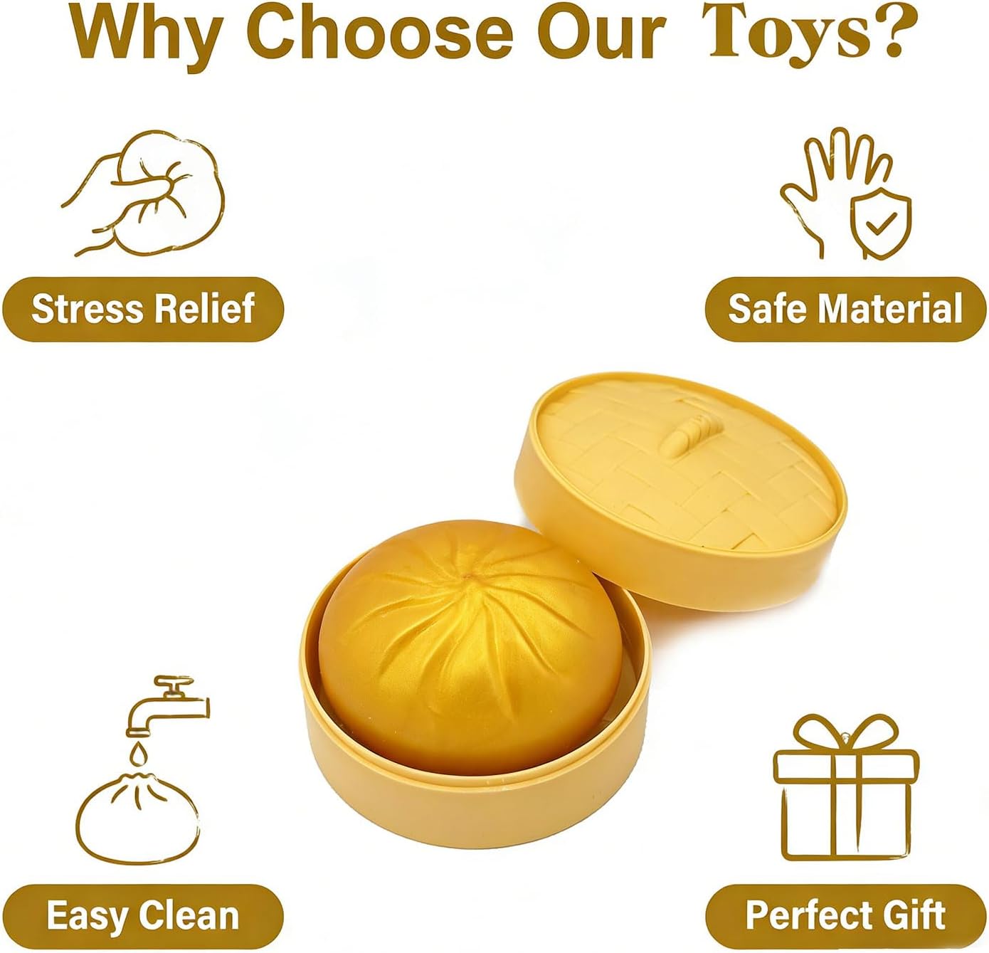Golden Dumpling Toy with Steamer Case, Funny Squeeze Dough Stress Ball, Realistic Steamed Bun Squeezing Toy for Fidget Sensory Anxiety Relief Calming Travel Accessory Gift