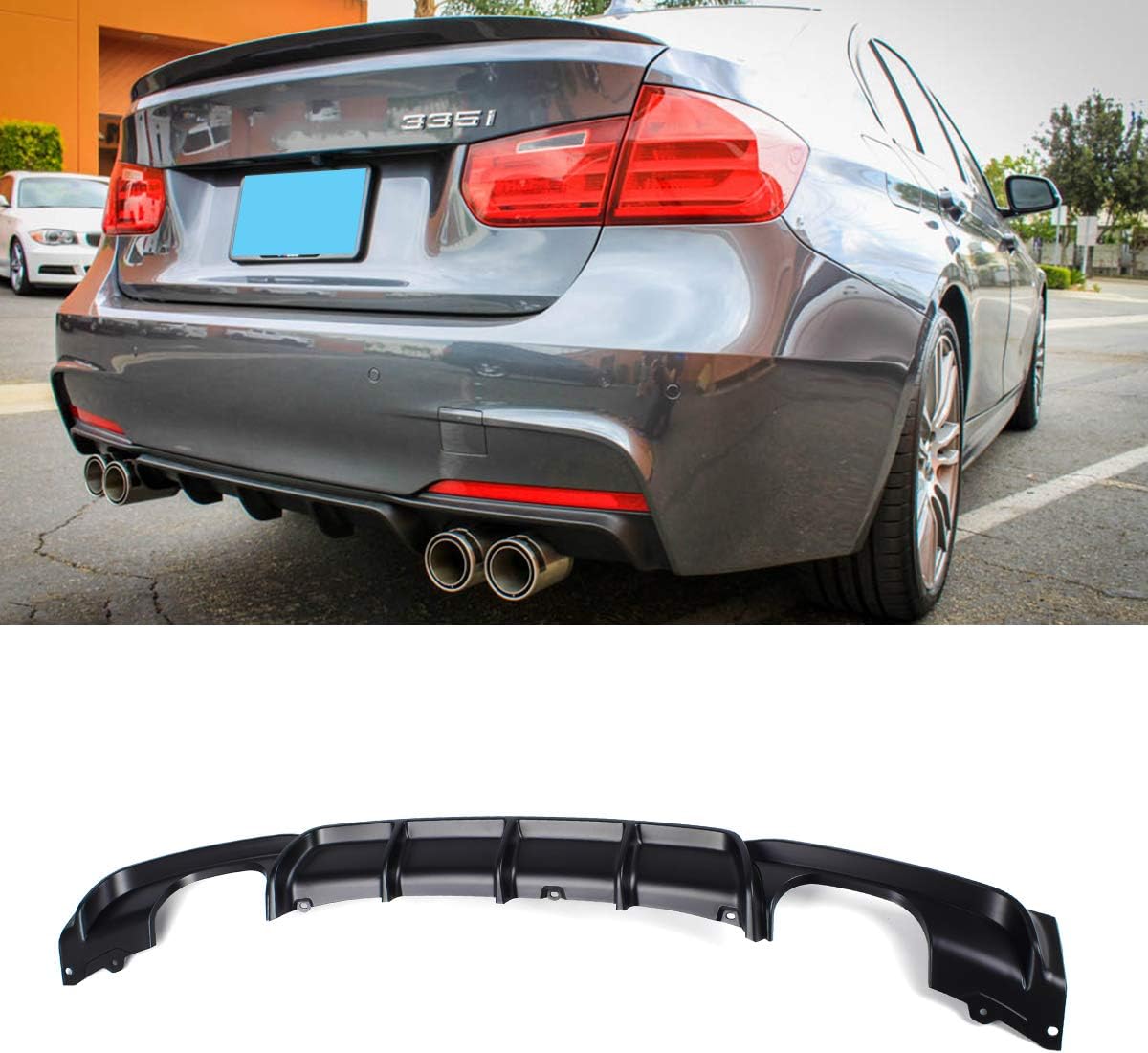 F30 Diffuser, FRP M Style Rear Bumper Diffuser Lip 4 Exhaust Tips for BMW 3 Series F30 320i 325i 328i 335i M-Tech M Sport (Matt Black)