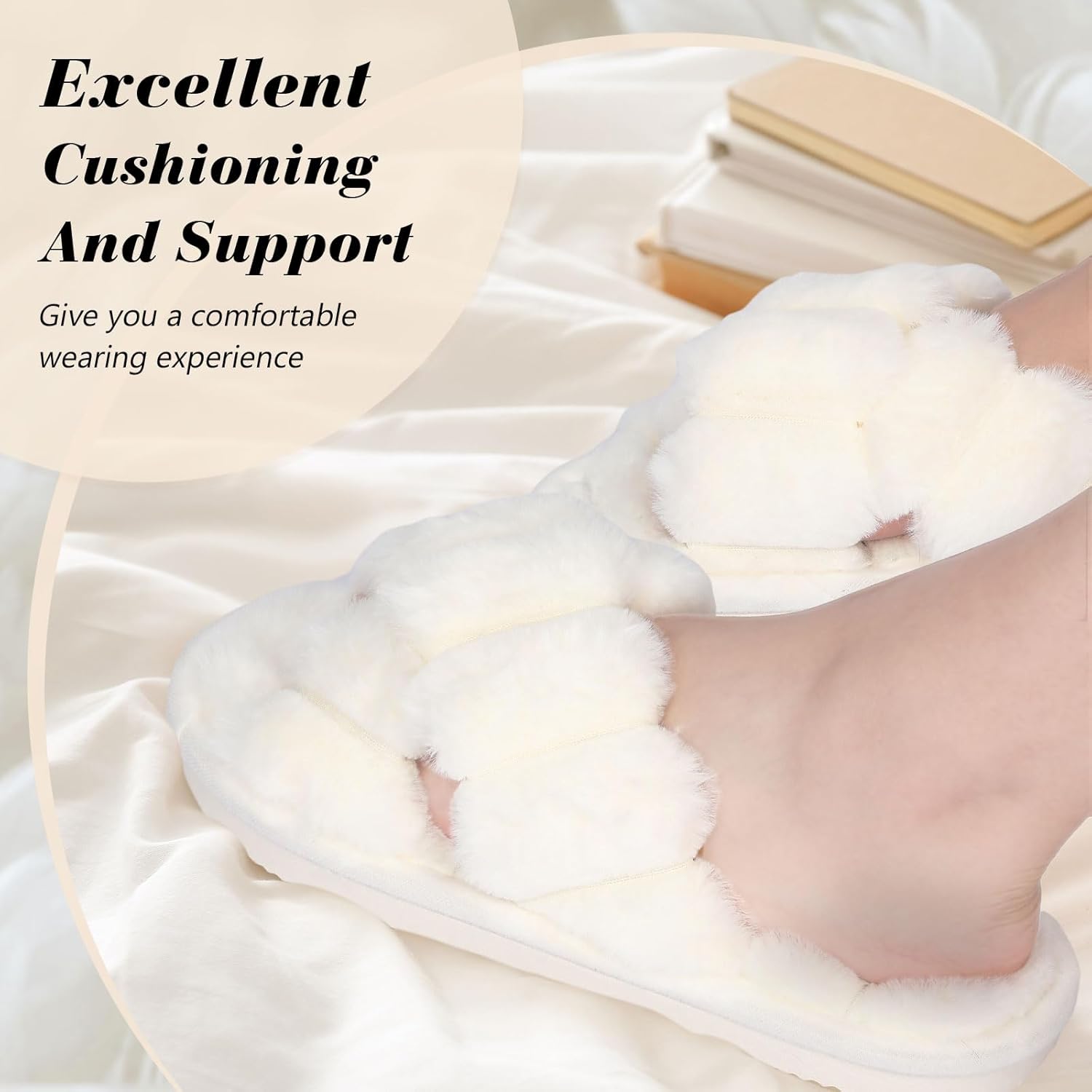 Toulite Bridesmaid Slippers Set of 6 White Fuzzy Slippers for Women Bulk Fluffy Furry Open Toe Soft House Shoes - Image 5