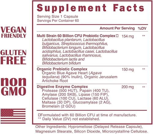 Miniatura 2 de Suplemento probiótico y prebiótico, 60 mil millones de UFC, enzimas digestivas, protección ácida, liberación retardada, 60 cápsulas, suministro para
