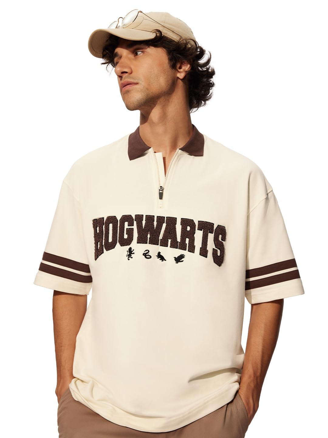 the souled store Official Harry Potter: Hogwarts Men and Boys Short Sleeves Collared Neck Embroidered Cotton Oversized Zipper Polos-picture-15