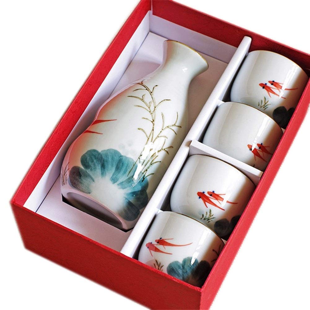Service à saké Japonais, Tasse en céramique et Verre à vin Artisanal en Porcelaine Peinte à la Main, Lot de 5 (Poisson Rouge)