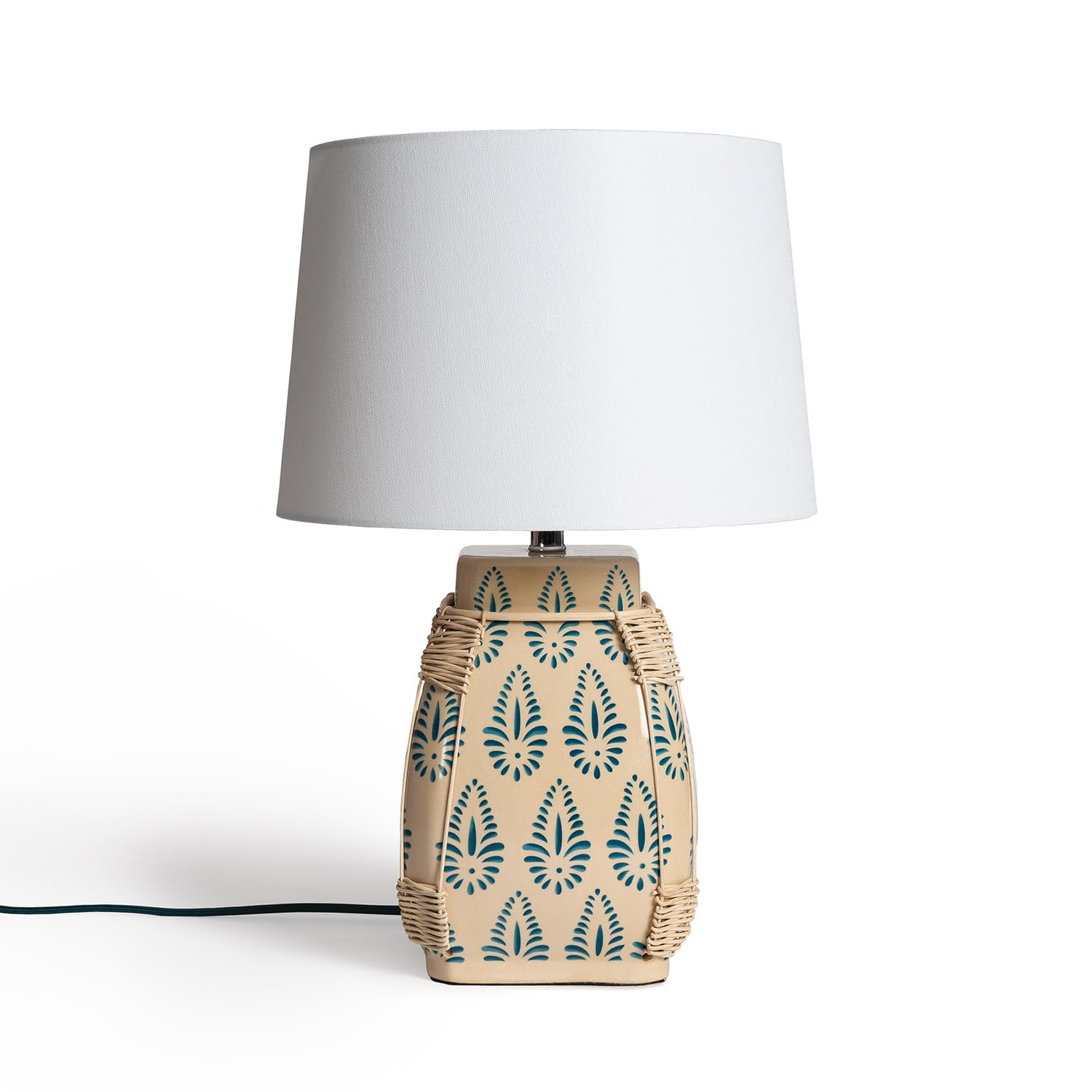 LEDKIA LIGHTING - Lámpara de Mesa Ariché | Diseño Artesanal Mediterráneo | Base Cerámica y Ratán | Requiere 1 Bombilla E27 | Para Salón y Dormitorio; Blanco