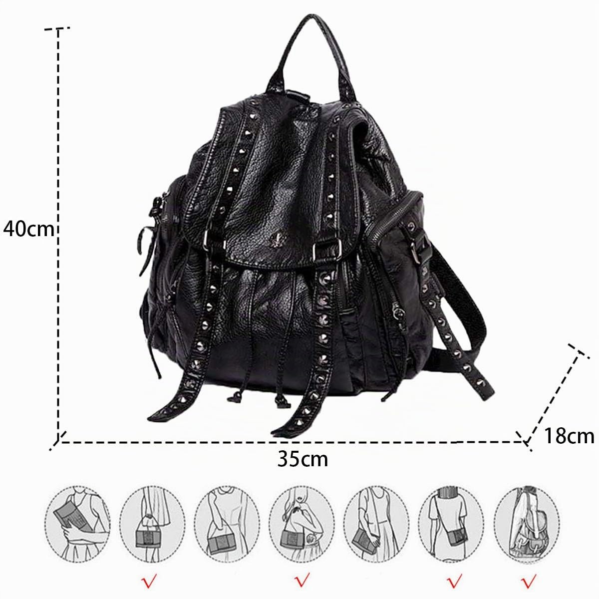 Punk Bolso Mochila Grande con Remache para Mujer Mochilas Tipo Casual para Adolescente Niña en Cuero de PU Negra