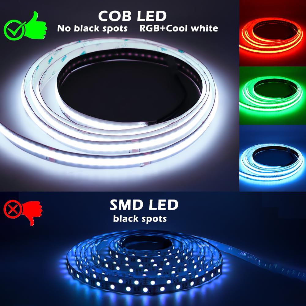 Striscia LED COB 24V RGBCW dimmerabile, da 10 m RGB+bianco freddo 6000K Catena luminosa a 672 LED/m Alta densità, striscia flessibile senza punti luminosi per cucina