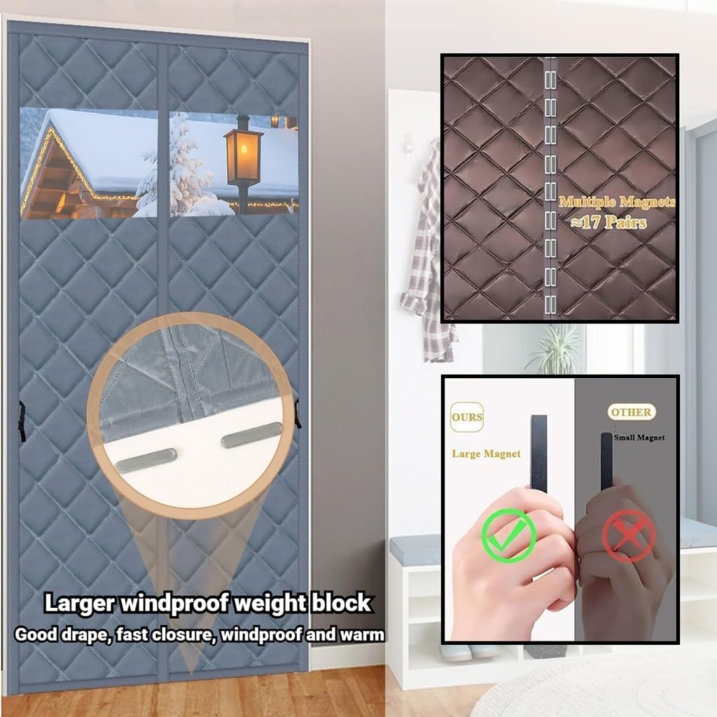 Magnetic Thermal Insulated Door Curtain with Visible Windows Blanket Insulation Cover for Winter 28" 36" 38" 40" 52" Oxford Cloth Thicken Cotton to Keep House Warm to Soundproof(Brown,38x82inch)