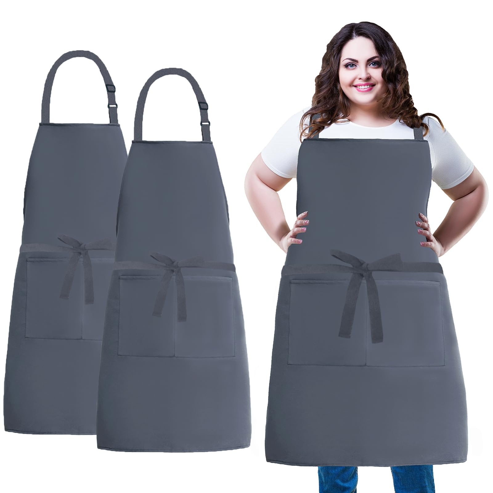 XIEJINJIA 2 Stück Übergröße Verstellbare Canvas Kochschürze lange Krawatten mit 2 Taschen Extra Breit Chef Schürze Küche Kochen Backen für Frauen Männer Grau