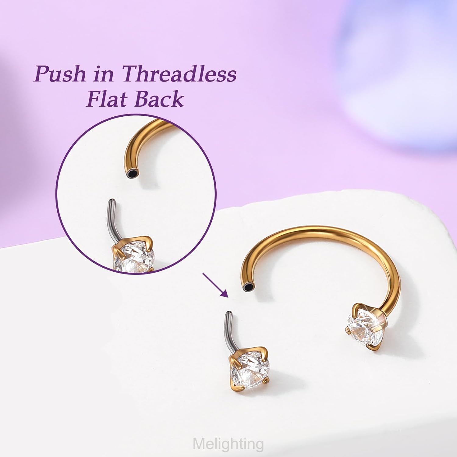 Melighting 20G Horseshoe Nose Rings Stainless Steel 316L, Double Cubic Zirconia Threadless Push in Nose Stud Hoop Piercing, Cartilage Lip Helix Piercing Jewellery for Women 7/8/9 mm - Image 2