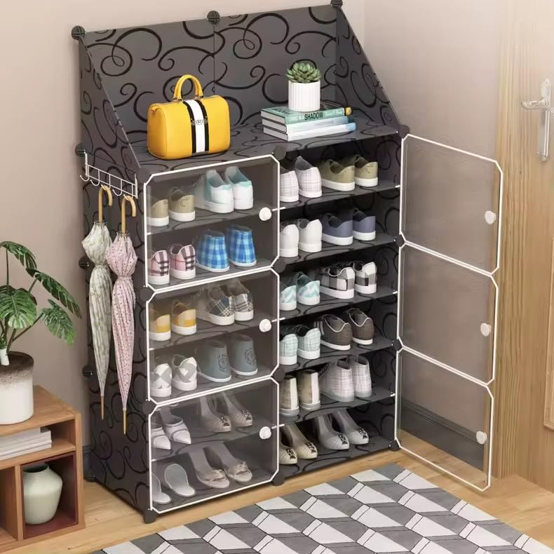 Image of Mevigo 12-Tier Shoe Rack with 6-Doors| Holds 24-Pairs |Waterproof & Dustproof Modular Plastic Shoe Cabinet| Foldable Stackable Shoe Organizer with Metal Frame |Space Saving Storage for Home,Entry Way