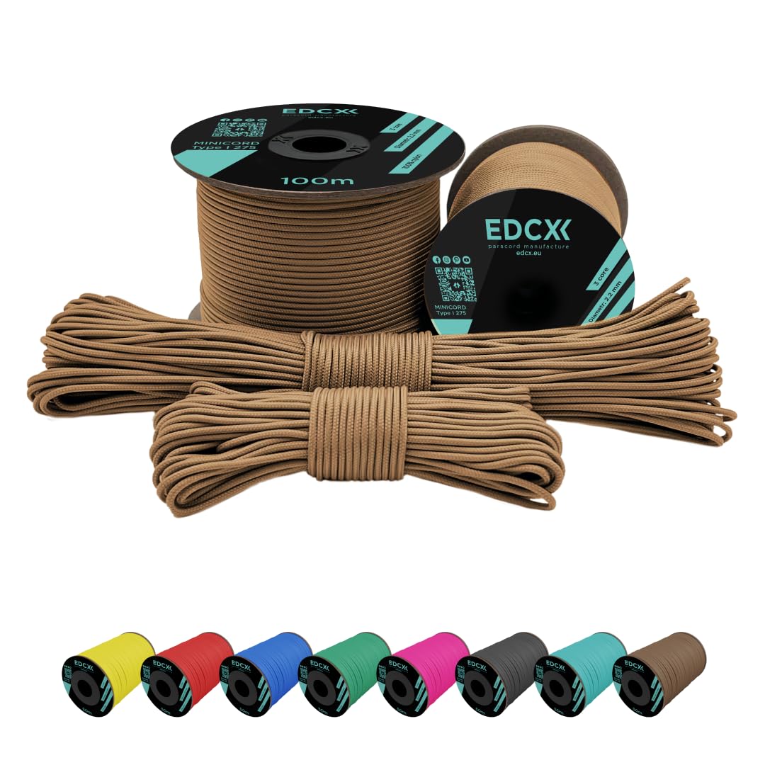 EdcX 2 mm Nylon Paracord 275 (15, 30, 50 and 100 m) 100% Nylon rope, 3-Strand cord, Nylon cord 2 mm in Many Colours (Tan, 100 m)