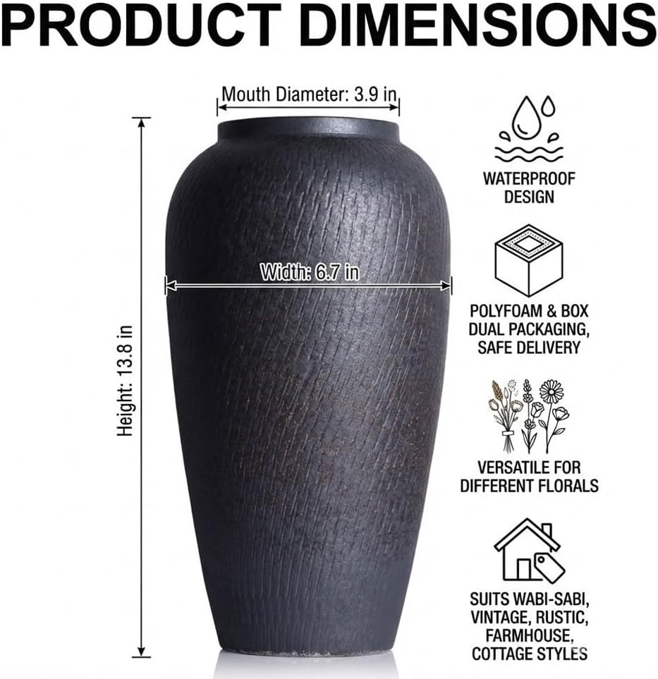 Large Blak Ceramic Vase - 13.8 Inch Rustic Farmhouse Blak Ceramic Vase for Home Decor, Vases for Living Room, Table & Bathroom, Shelf and Entryway Decor, Holiday and Wedding Coffee Table Decoration