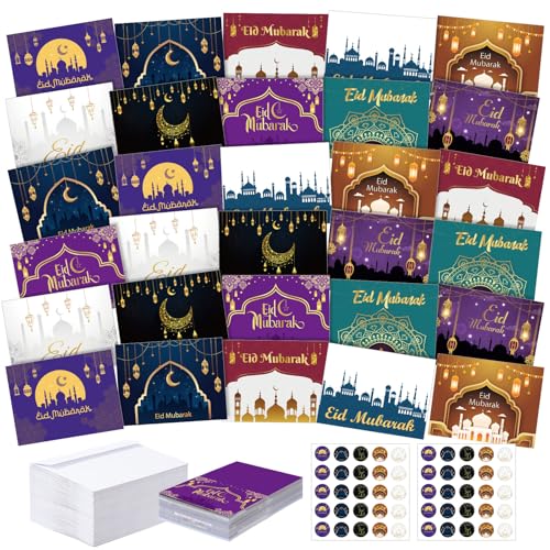 Yeaqee 100 Pack Eid Mubarak Cards with Envelopes and Stickers Islamic Ramadan Greeting Cards Ramadan...