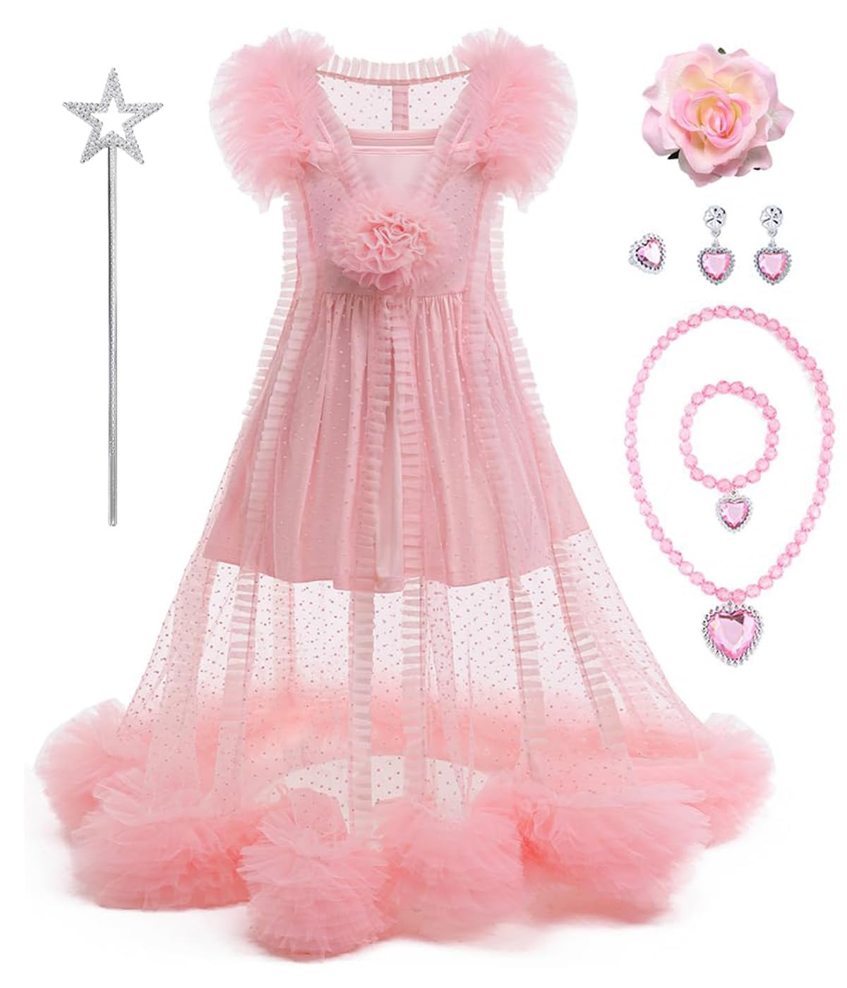 Btonai Pink Witch Costume for Girls Pink 2 Piece Pajamas Set Dress, Bouffant Mesh Outfits with Accessories