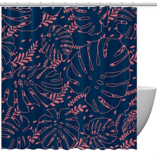 Rideau de douche imperméable à œillets renforcés motif feuilles bleu