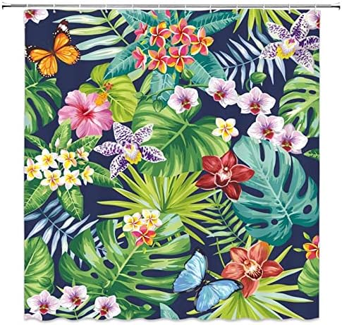 CCNSTMS Tropical Leaf Shower Curtain Watercolor Flower Green Palm Banana Leaves Hawaii Spring Frangipani Natural Plants Wild Flower Exotic Fabric Bathroom Decor Curtain Set with Hook