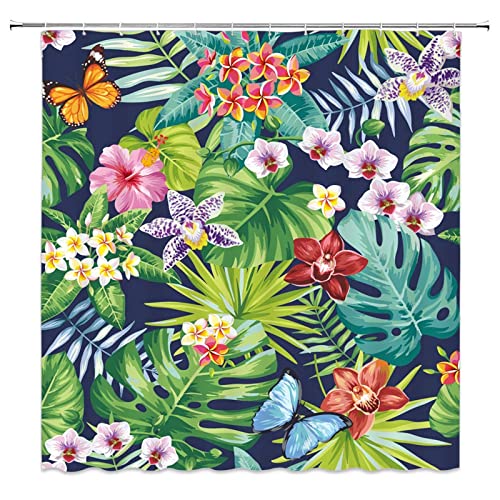 Ccnstms Tropical Leaf Shower Curtain Watercolor Flower Green Palm Banana Leaves Hawaii Spring Frangipani Natural Plants Wild Flower Exotic Fabric Bathroom Decor Curtain Set With Hook #TOP1