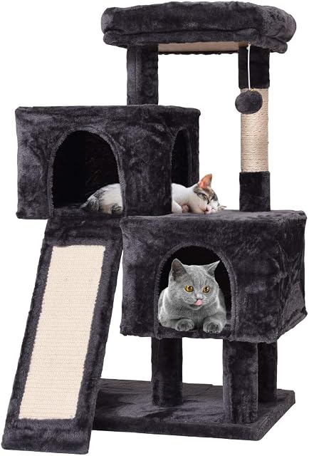 JISSBON Cat Tree Cat Tower 96cm with Scratching Post and Ladder, Padded Plush Perches & Condos for Kittens, Adult Cats, Grey