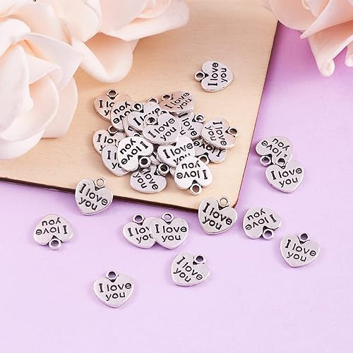 Miniatura 5 de 50 dijes de corazón de aleación estilo tibetano con texto en inglés "I love you" ("Te amo") de corazón de San Valentín para manualidades, collares,