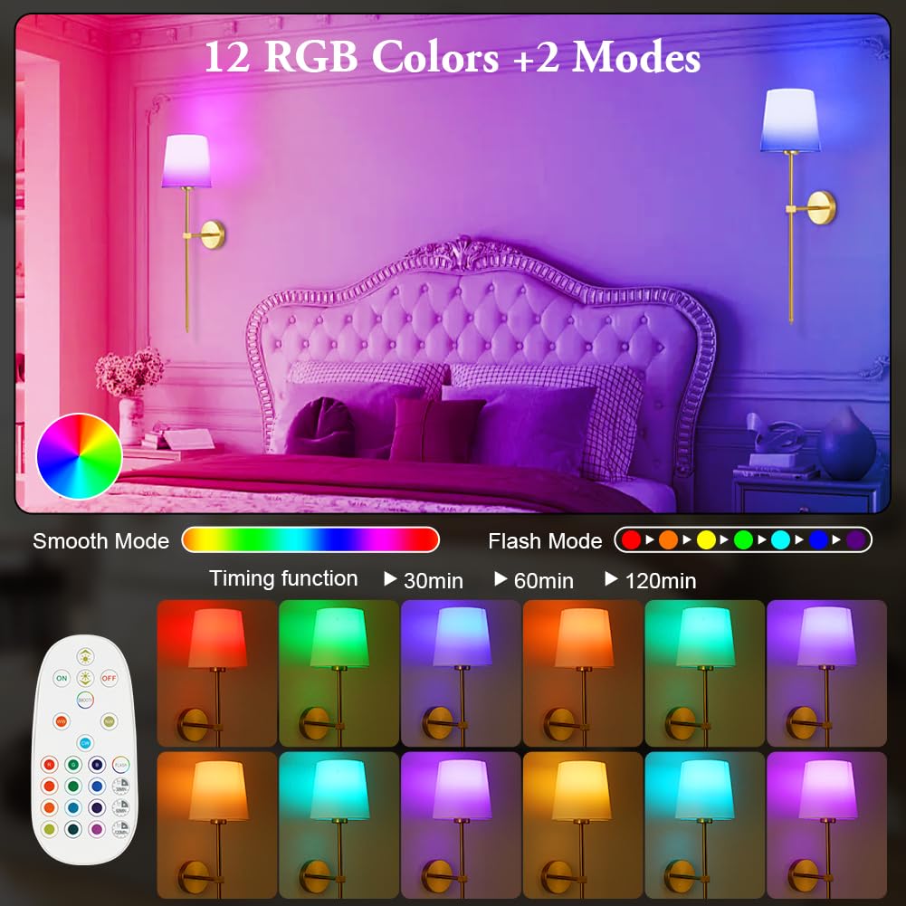 HOTUT 2 Pezzi Lampada da Parete Interno, Lampada da Parete Con Telecomando & Batteria Ricaricabile, Dimmerabile RGB Lampada da Muro, Applique Senza Fili per Camera da Letto Soggiorno Scale Corridoio