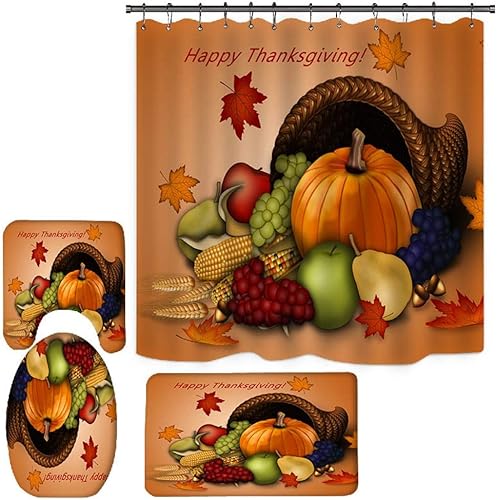 Noomer Happy Thanksgiving Day Home - Cortina de ducha con diseño de calabaza impermeable de poliéster con ganchos alfombra antideslizante cubierta