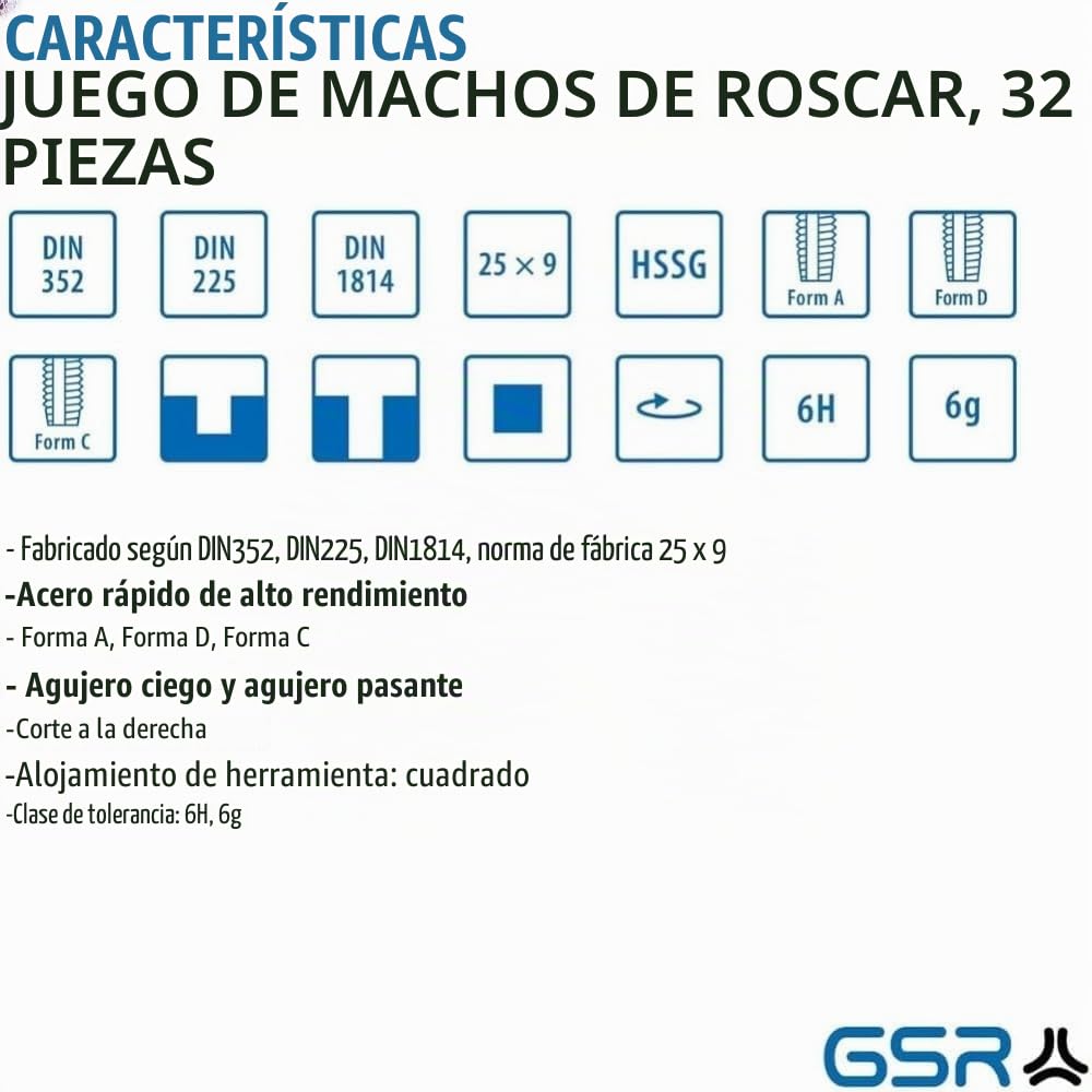 Juego de herramientas para roscar HSSG métrica | M3-M12 | 32 piezas | machos, terrajas y porteherramientas