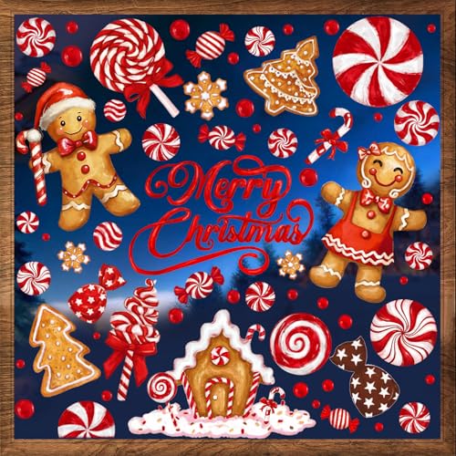 DULEFUN Christmas Window Clings Gingerbread Man Candy Windows Stickers Decals Oil Painting Xmas Windows Decoration for Holiday Winter Party Home Office Decor